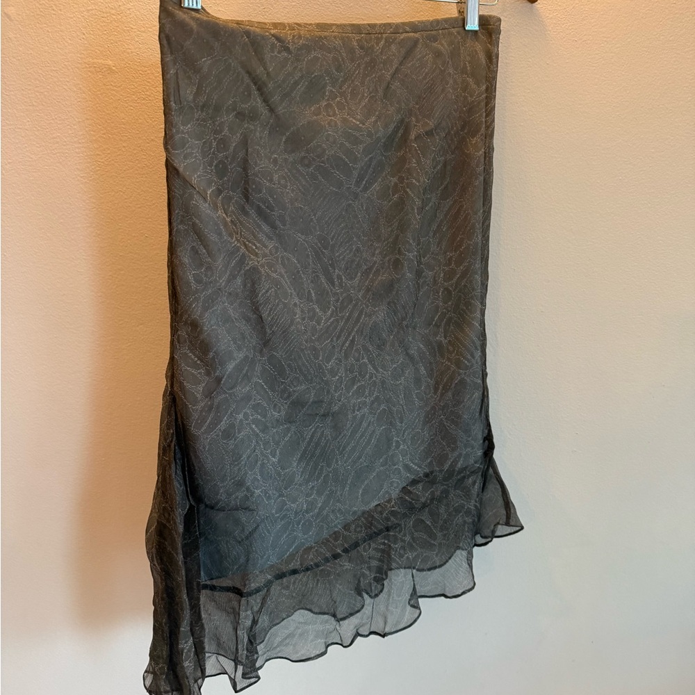 Max Studio Grey Abstract Sheer Overlay Ruffle Hem Midi Skirt XS